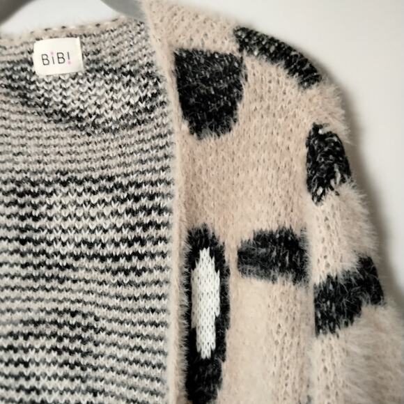 Bibi Sz S Leopard Print Longline Duster Eyelash Cardigan Sweater Tan Open Front - Picture 7 of 7